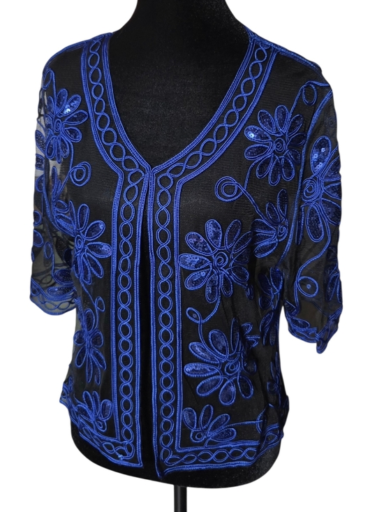 No Brand Tops - Sheer Floral Embroidered V-Neck Blouse Cobalt Blue Floral With Black Mesh